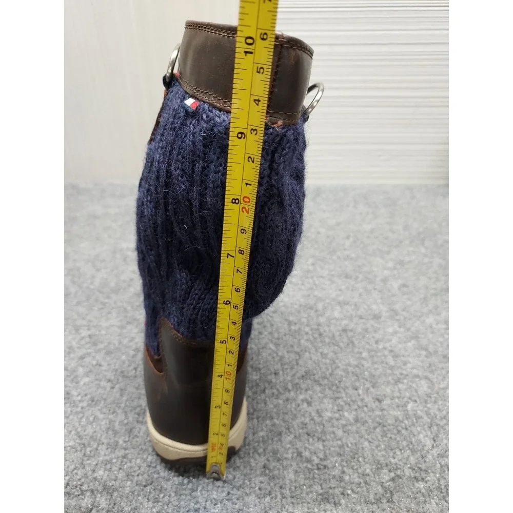 Tommy Hilfiger Men Sweater Boots 8.5M Navy Cable Knit Brown Leather Trim Outdoor